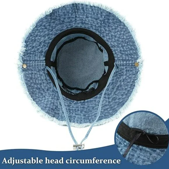 Denim Frayed Cowboy Bucket Hat Wide Brim Blue Jean Style Brand New !! - Picture 4 of 4